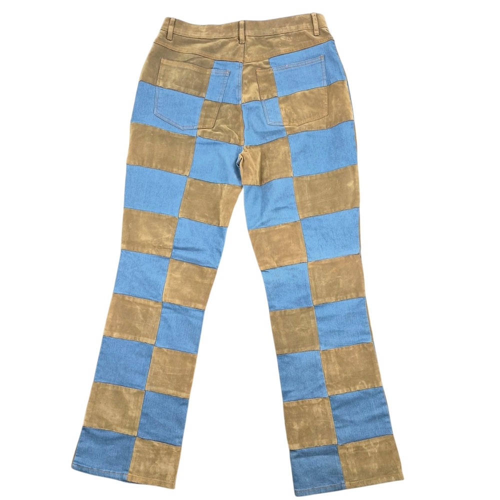 Cream Vintage Checkerboard Patchwork Flared Jeans Blue Olive Green Women Size 12 - Picture 2 of 7